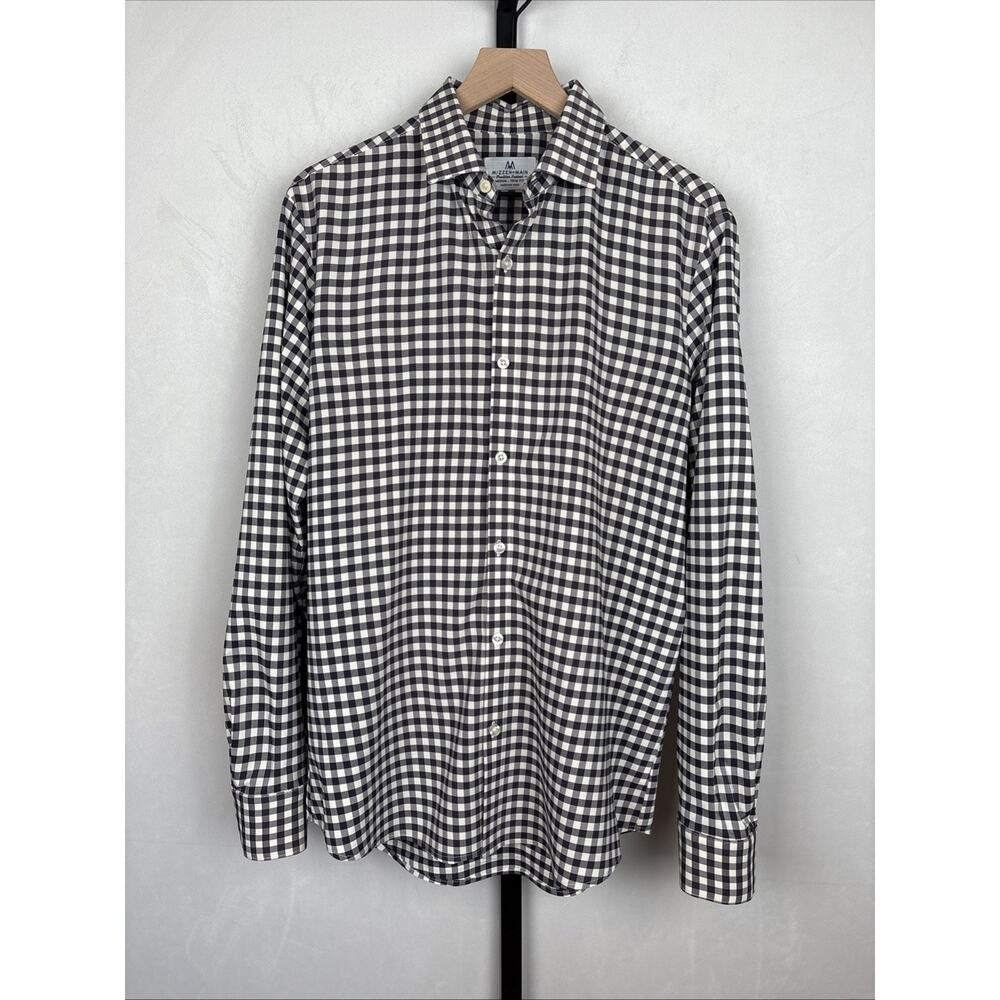Mizzen + Main Button Up Shirt Mens Medium Trim Fit Gray Gingham No Iron Workwear